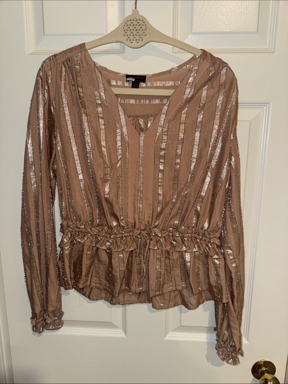Current Air Metallic Stripe Peplum Top - Taupe & Silver
